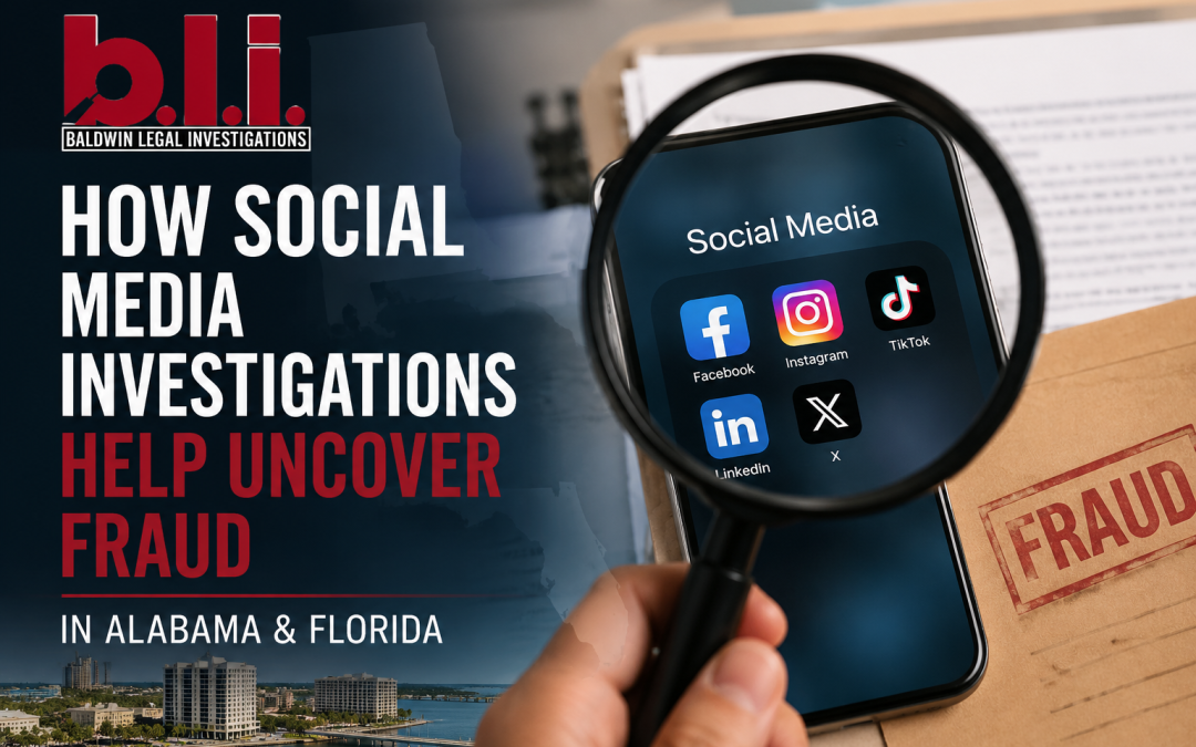 Baldwin Legal Investigations social media fraud investigations graphic featuring a smartphone with social media apps under a magnifying glass, highlighting fraud investigations in Alabama, Mobile, Baldwin County, and Pensacola Florida.