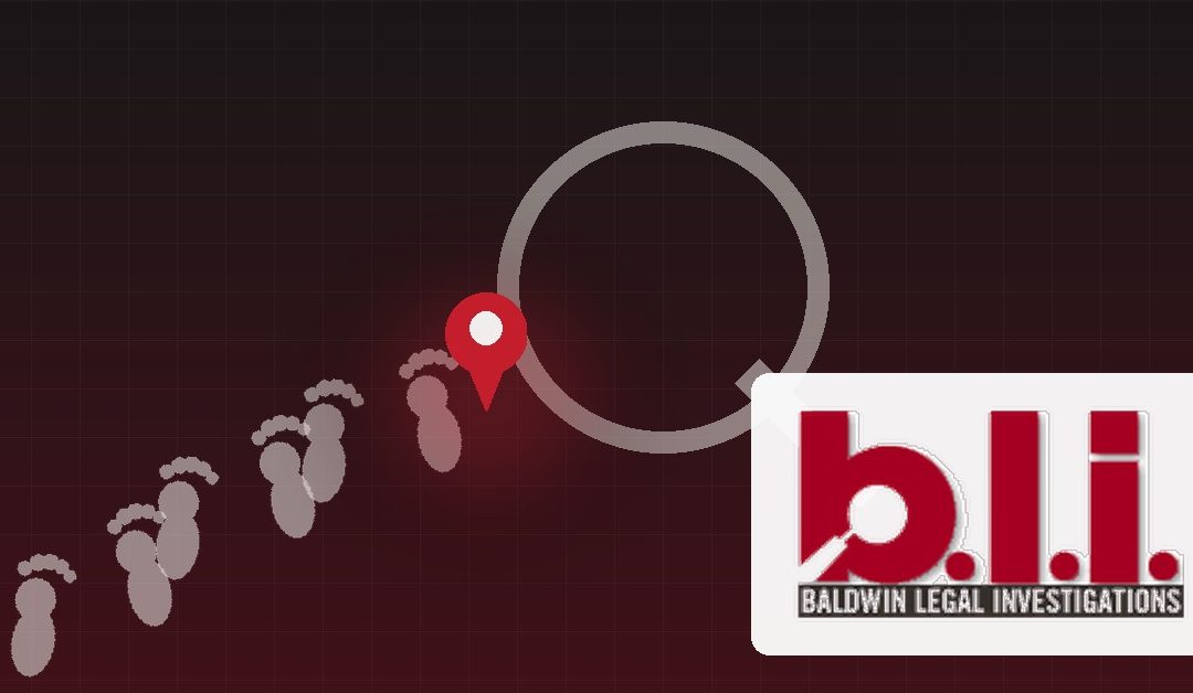 Footprints leading to a location pin, representing skip tracing and missing person investigations in Alabama
